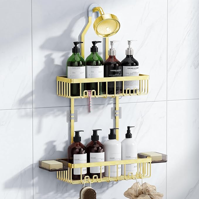 Shower Caddy Hanging, Shower Organizer Hanging, Aluminum Shower Racks for Inside Shower with Hooks for Razor, Never Rust Bathroom Organizers and Storage with Soap Holder, Gold