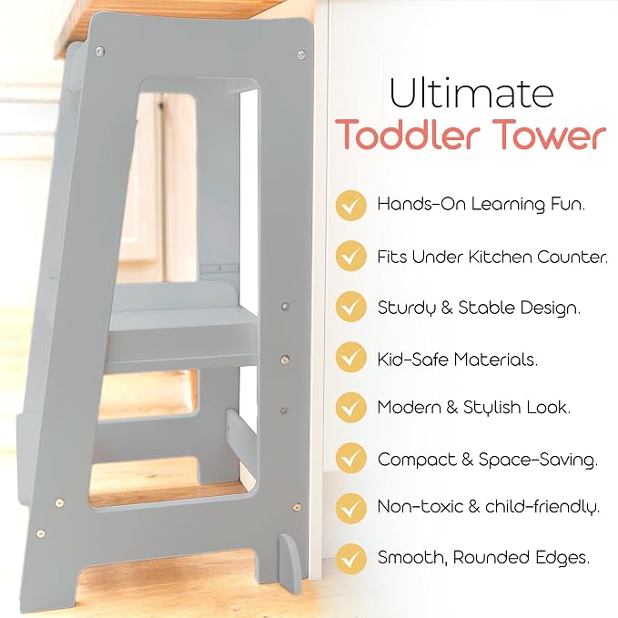 Stepup Baby Toddler Standing Tower - 3 Level Adjustable Wooden Kitchen Step Stool, Bathroom Sink, Kitchen Counter, Kids 18 Months to 4 Years Gift - Gray