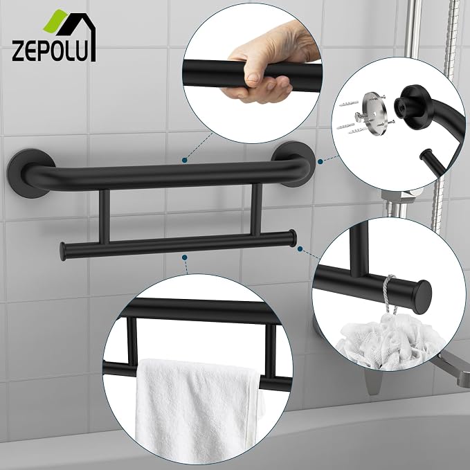 Black Towel Grab Bar 17 Inch, Zepolu Handicap Towel Bar for Bathroom, Stainless Steel Safety Assist Bar Balanced Support Handle, Wall Mounted Towel Rack Grab Bars for Senior Elderly Disabled