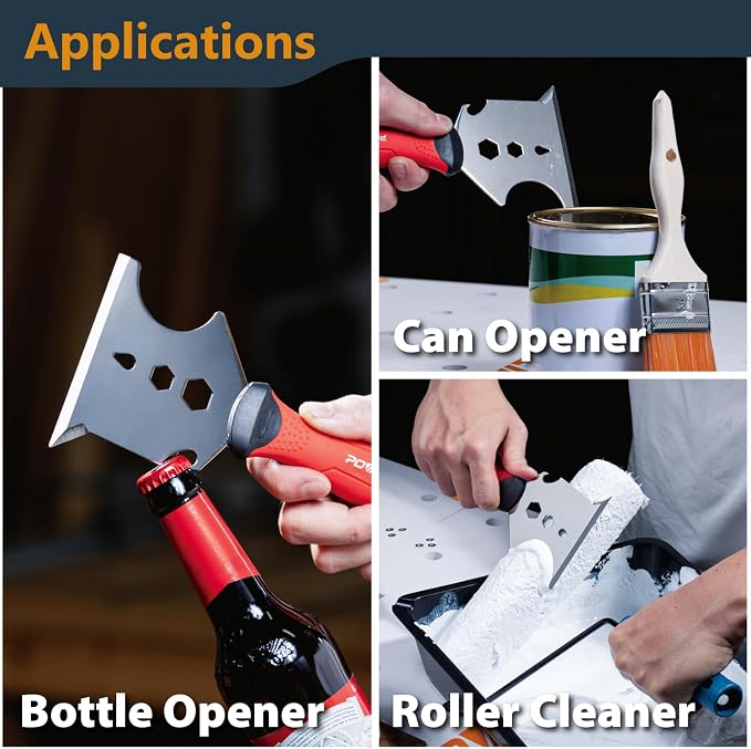 POWERTEC 9-in-1 Painter's Tool w/ 4 Inch Stainless Steel Putty Knife | Straight Scraper, Grout Remover, Roller Cleaning, Can Opener, Bottle Opener, Nail Puller, Screwdriver, 3/8" & 1/4" Wrench (72068)