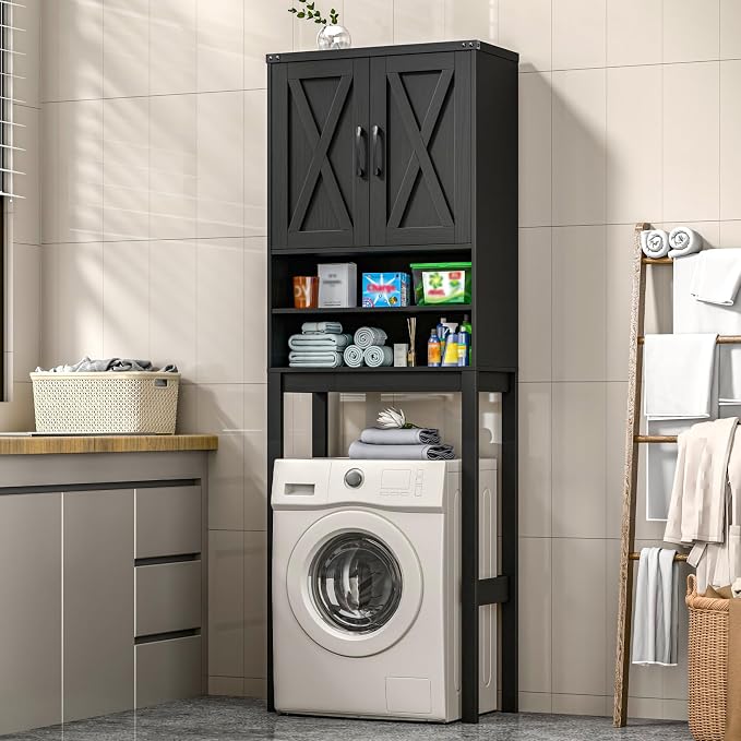 Vabches Over The Toilet Storage Cabinet, Bathroom Organizer with 2 Barn Doors, Farmhouse Space-Saving Toilet Rack with Adjustable Shelf,for Bathroom, Toilet, Laundry Room,Black