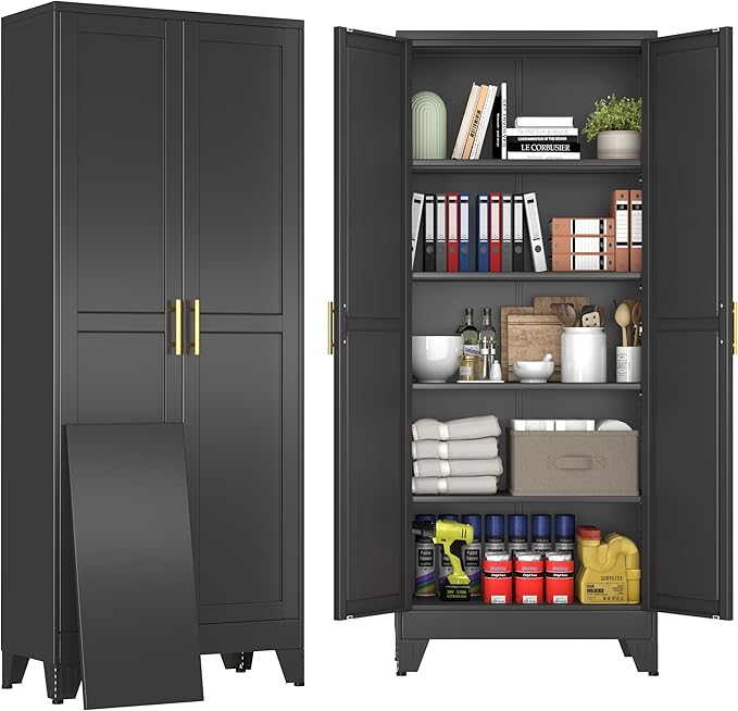 71" Black Metal Garage Storage Cabinet with 2 Doors and 4 Adjustable Shelves,Kitchen Pantry Cabinet,File Cabinet,Steel Tool Cabinet for Home,Office,Garage,School,Warehouse