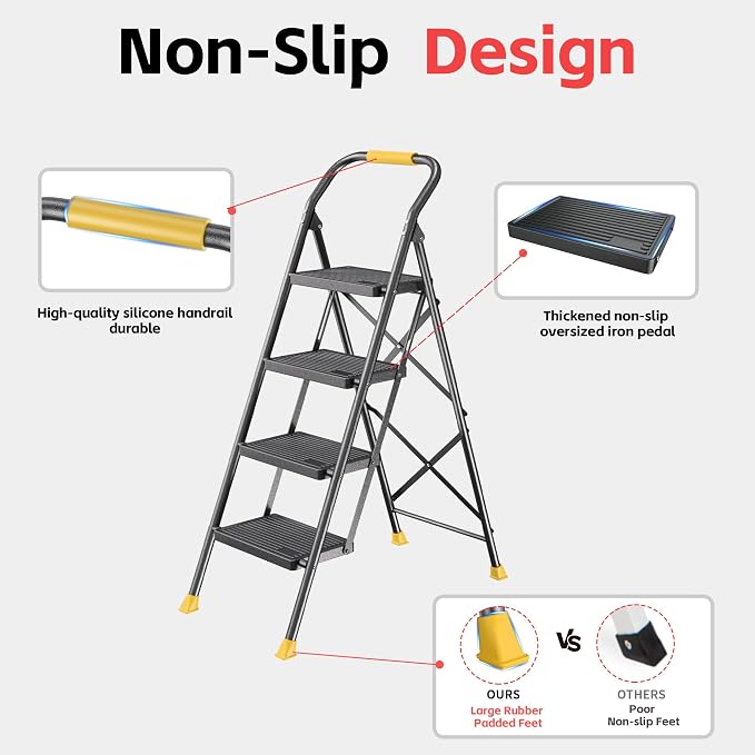 4 Step Ladder Stool Foldable with Handrails for Adults, Heavy Duty 4 Stepping Extension Tall Folding Ladder, Closet Stepstool Stair Ladders Extendable Stepladder for Indoor House Home Kitchen, 600LBS