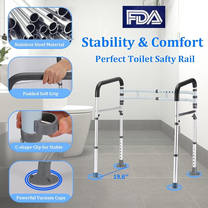 Toilet Safety Rails (300 LB) – Adjustable, Foldable Toilet Handle Frame for Elderly & Disabled Adults, Supports All Toilet Types