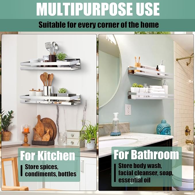 Lallisa 2 Pieces Stainless Steel Shelf Bathroom Shower Floating Shelves Wall Mounted Shower Caddy Basket Shelf Storage Organizer Shelves for Bathroom, Kitchen, Living Room (15.75 Inch/ 40 cm,Shiny)