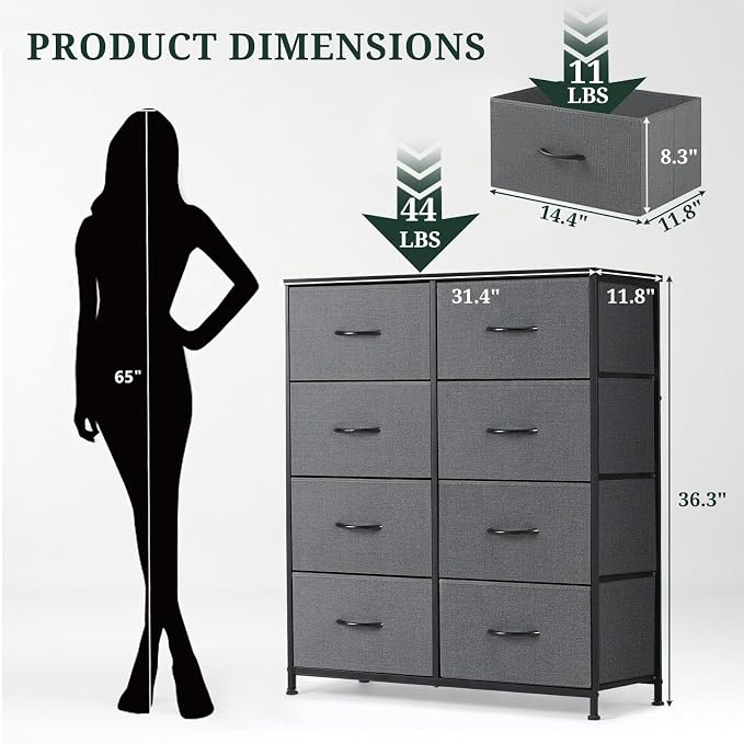 8-Drawer Dresser for Bedroom, Anti-Tip Tall Storage Organizer Chest of Drawers with Wooden Top and Metal Frame Fabric Bins for Closet, Living Room, Hallway, Entryway, Gray