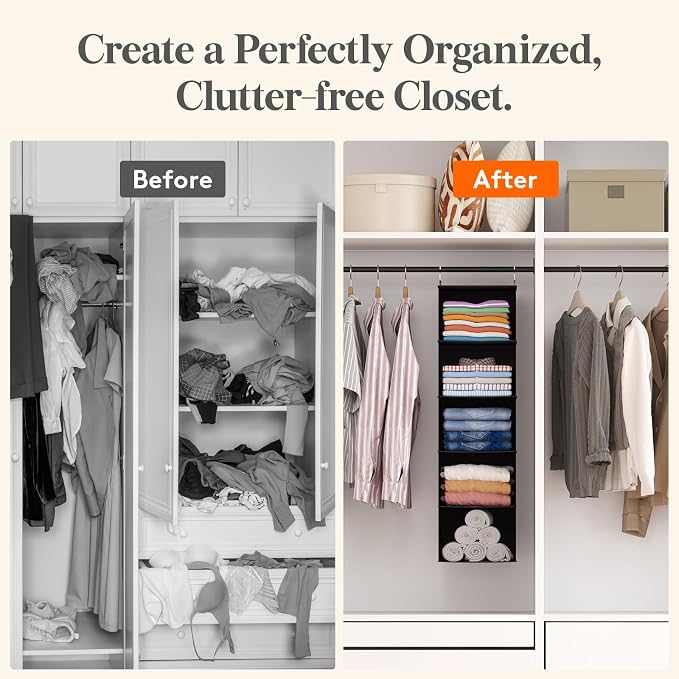 Lifewit 5 Tier Hanging Closet Organizer and Storage for Shelves, Foldable Clothes Shelf with 2 Sturdy Hooks, Sweater/Coat/Shoes Clothing Organization for Wardrobe, Dorm, Bedroom, Black