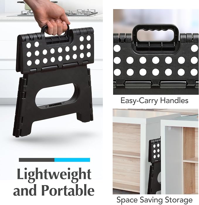 Handy Laundry Folding Step Stool - Sturdy Enough Collapsible Stool to Support Adults - Opens Easy with One Flip - Great for Kitchen, Bathroom or Bedroom (Black - 9 Inch)