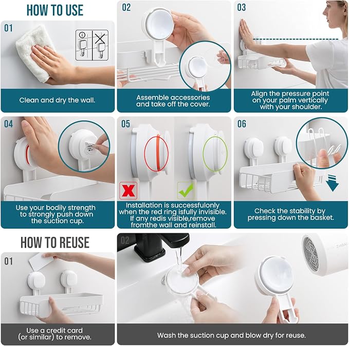 TAILI Shower Caddy Suction Cup 2 Pack With Visible Safety Indicator, Stainless Steel Rustproof Shower Shelves, No Drilling Wall Mounted Basket, Upgraded Removable Suction Cup Bathroom Organizers,White