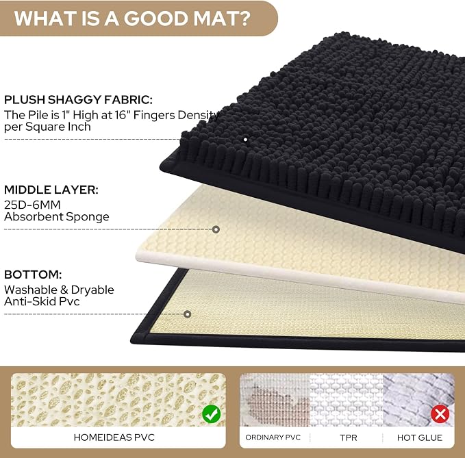 HOMEIDEAS 3 Pieces Bathroom Rugs, Extra Large Ultra Soft Non Slip Absorbent Chenille Toilet Bath Mat Set (Black)