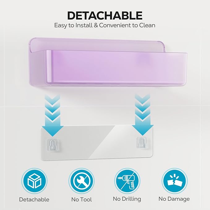 Nieifi Adhesive Wall Shelf, Shower Shelves, Shower Organizer for Bathroom Organization (Purple-Clear, 5 pieces)