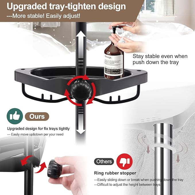 Corner Shower Caddy Tension Pole - Heavy Duty Floor to Ceiling Shower Organizer Tension Pole with 4 Shelves,54"-114” Adjustable Rustproof Stand Rack for Bathtub,Bathroom,Dorm,RV - Black