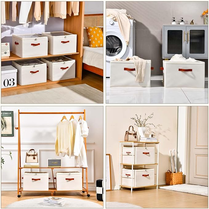 INSTY Shoe Organizer for Closet, 2 Pack Foldable Shoe Storage Containers, Fits up to 16-32 Pairs, Adjustable Dividers for Shoe Organizer, Fabric Shoe Storage Bins with Clear Cover, Beige