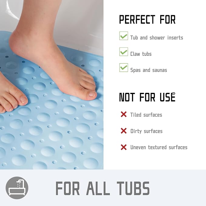 Yimobra Non Slip Bathtub Mat 40 x 16 Inch, Extra Long Shower Mat with Drain Holes, Machine Washable Baby Bath Mats, Strong Suction Cups for Bathroom Floor, Blue