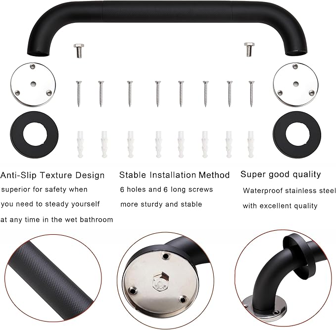 Shower Grab Bar, 2 Pack 12 Inch Black Bathroom Grab Bar, 1.25" Diameter 304 Stainless Steel Anti-Slip Grab Bars for Bathtubs and Showers, Handicap Shower Grab Bar for Seniors Elderly
