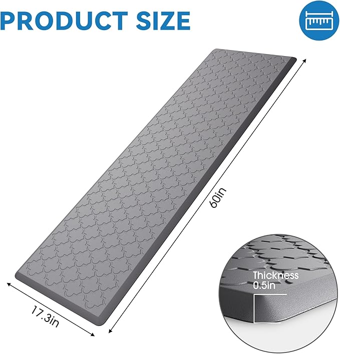 Kitchen Mat Cushioned Anti Fatigue for Floor, Non-Slip Waterproof Comfort Rug for Kitchen Sink, Standing Desk & Laundry, 17.3"x60", Grey