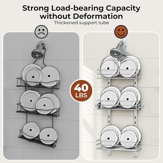 Orimade Aluminum Hanging Shower Caddy Over Head, Adjustable Anti-Slip Bathroom Shelves with Hooks, Rustproof Shower Organizer Storage Rack, Silver 3 Tier
