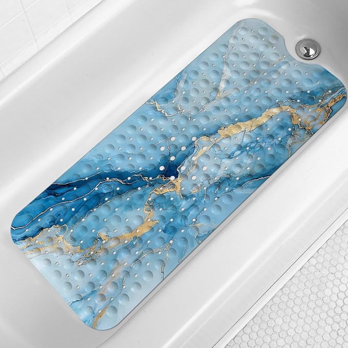 LNOND Marble Bath Tub Mat Non Slip, Extra Long 40 X 16 Inch Anti Slip Mat for Bathtub, Blue Gold Marble Shower Mat with Drain Holes and Suction Cups, Machine Washable