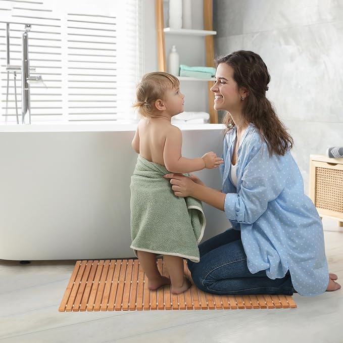 Bath Mat Bathroom Runner Long Large Rugs Floor Wood Shower Bathtub Waterproof Non Slip Accessories 16x34 Inch Easy to Clean, Natural, 1 pc