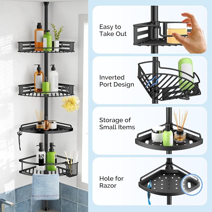 HAMITOR Corner Shower Caddy Tension Pole: Quick Installation 4-Tier Rustproof Bathroom Organizer Shelves for Bathtub Shampoo Storage - 47-121 inch Adjustable Floor Standing Bath Rack Holder - Black