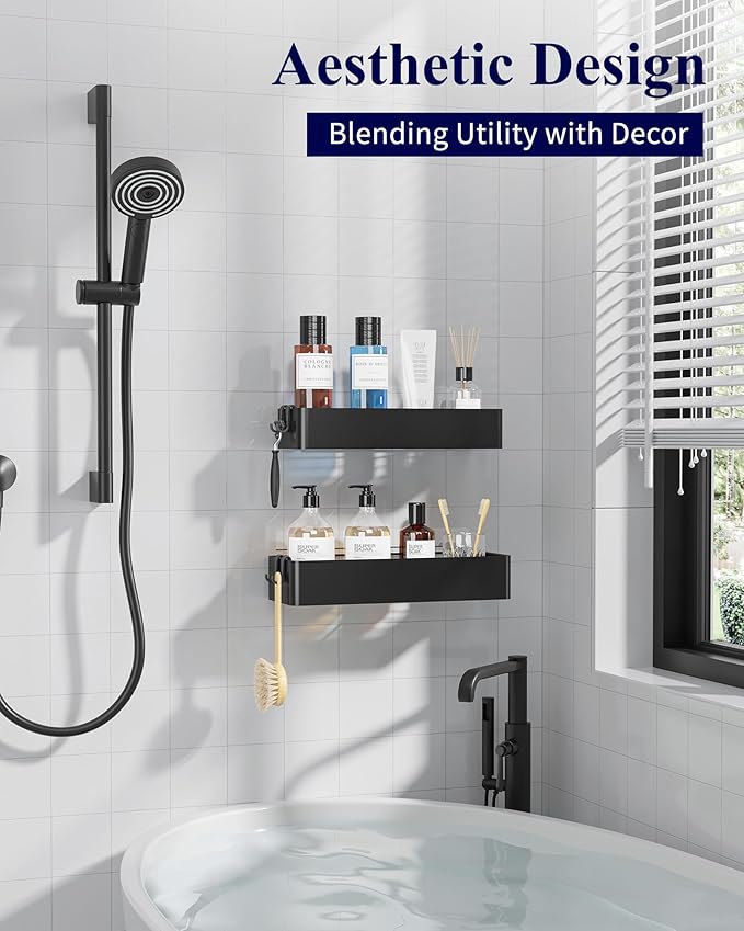 Kitsure Shower Caddy - 2 Pack Adhesive Shower Organizer, Rustproof Metal Shelves, No-Drill Bathroom Organizers and Storage, Black, X-Large