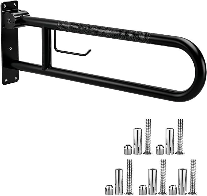 22.5 Inch Toilet Grab Bar, HUAS Black Anti Slip Bathroom Toilet Safety Rails, U Shaped Flip-Up Handicap Grab Bars w/Paper Holder, Stainless Steel Support Handrail for Elderly Disabled Senior