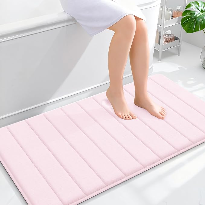 OLANLY Memory Foam Bath Mat 44x24, Super Soft Absorbent Bathroom Rugs, Quick Dry, Machine Washable Shower Floor Rugs, Bathmat Carpet, Bathroom Home Decor Accessories, Pink
