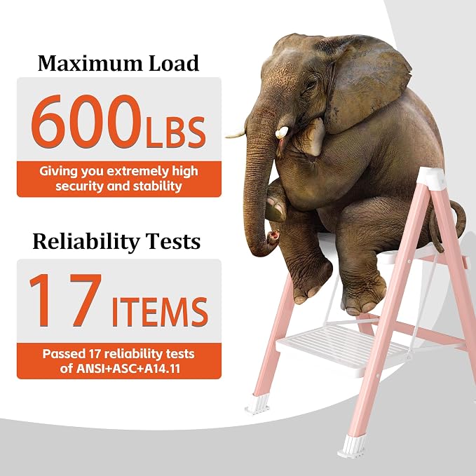 DIAMONDFORGE 2 Step Ladder, Folding Step Stool with Anti-Slip Wide Pedal, Anti-Slip Feet, Sturdiest Steel Construction, 330lbs Capacity Steel Ladder for Home and Office, Pink White
