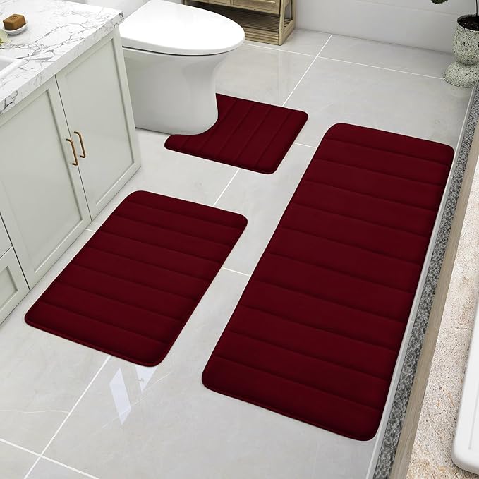BYSURE Burgundy Memory Foam Bath Mats, Non Slip Extra Soft Absorbent Machine WashableToilet Bathroom Rug Set 3 Piece (20"x32"+24"x44"+U Shape 20"x24")