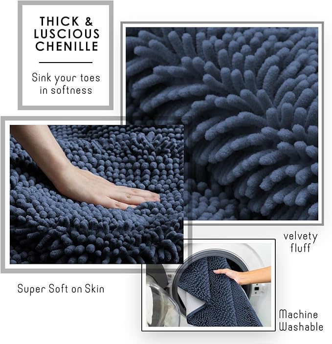 Hearth & Harbor Bathroom Rugs, Chenille Bath Mat - Machine Washable Bath Mats for Bathroom Non-Slip Backing Rubber, Quick Dry Bathroom Mat