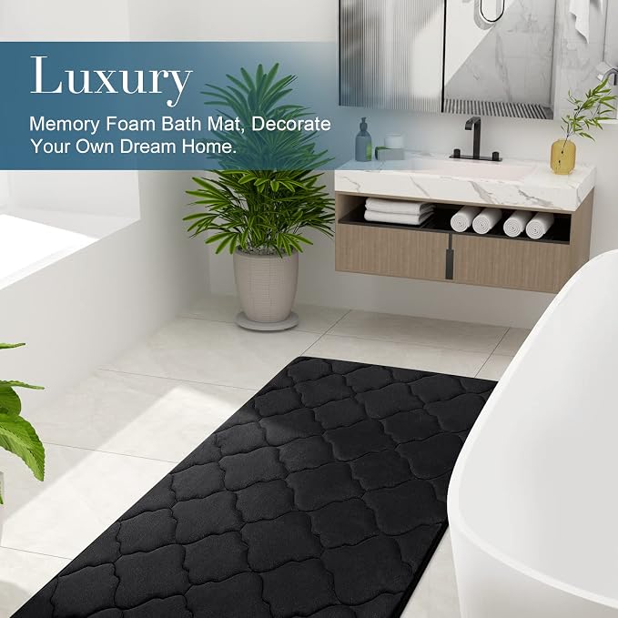OLANLY Memory Foam Bath Mat Rug 47x17, Ultra Soft and Absorbent Bathroom Rugs, Non-Slip, Comfortable, Machine Washable Bath Carpet for Bathroom Floor, Tub, Shower and Home Decor Accessories, Black