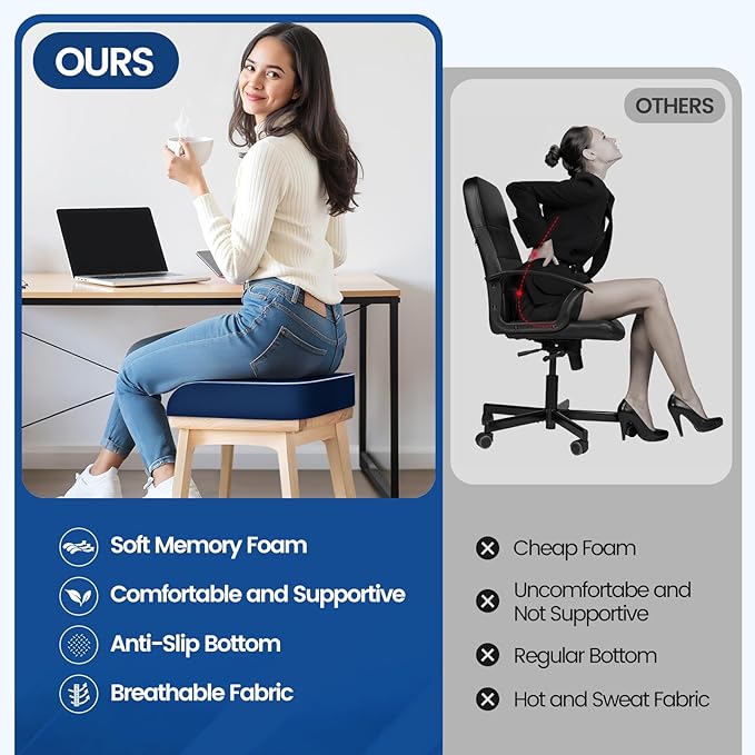 SweetSlubr Seat Cushion for Tailbone Pain Relief, Office Chair Cushion, Memory Foam Large Chair Cushion with Non-Slip Cover for Soft Support at Office Chair, Car Seat, Airplane Dark Blue/Large