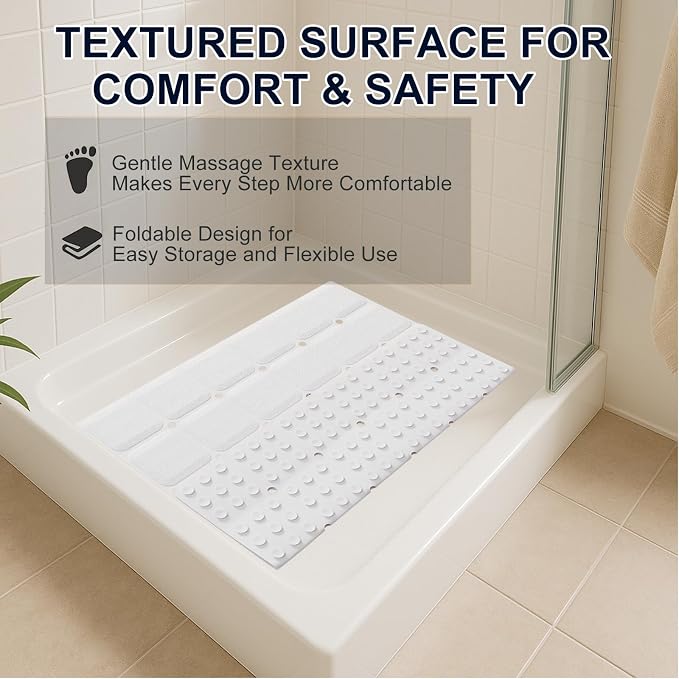Webos Anti Slip Shower Mat for Tub & Shower Stall, 21" x 21" Square Silicone Bathtub Mat with Powerful Suction Cups, Fast-Draining, Machine Washable Soft Foldable Bathroom Mat, White