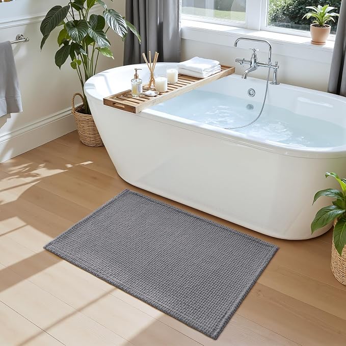 DEXI Bathroom Rugs 32x20, Non Slip Washable Bath Mat, Absorbent Chenille Bathmat, Ultra Soft Thick Carpet for Tub Shower Floor, Grey