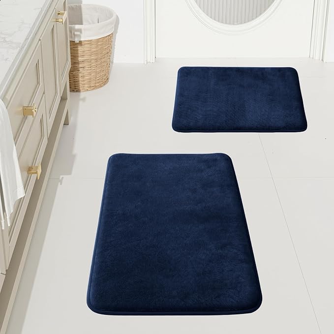 HUXMEYSON Bathroom Rugs Sets 2 Piece, Non-Slip & Quick Dry Bath Mat Set, Ultra Soft Velvet Bath Rugs for Bathroom, Toilet and Shower Floor, Navy