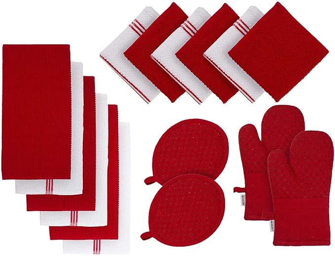 LANE LINEN 16 Pc Kitchen Dish Towels Set - 6 Absorbent Terry Kitchen Hand Towels, 6 Dish Cloths for Washing Dishes, 2 Silicone Grip Potholders & 2 Silicone Oven Mitts - Red