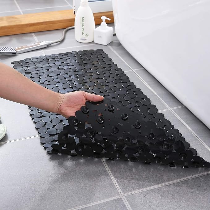 WELTRXE Non Slip Bathtub Mat 35 x 16 Inches Pebbles Shower Mats with Suction Cups, Drain Holes for Bathroom Showers, Tub, Machine Washable Bathroom Mats BPA, Latex Free Safe Tub Mats - Black