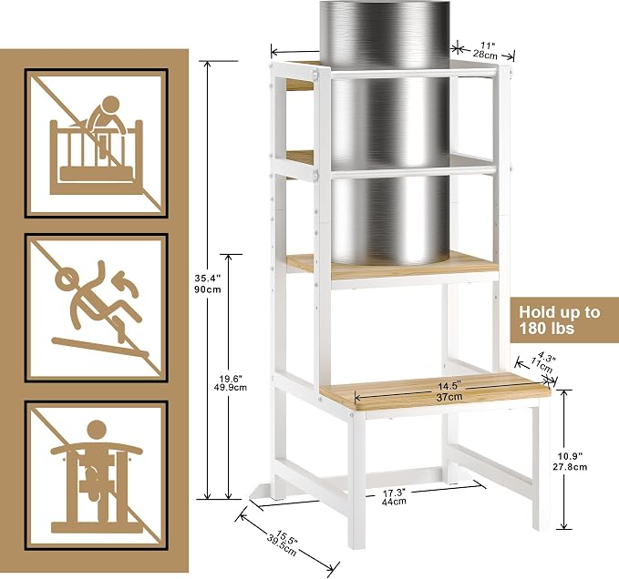 INNOD Kitchen Step Stool for Toddlers, Height Adjustable Toddler Tower with Safety Rail, Steel and Wood Toddler Kitchen Stool Helper Kids, Stool for Kids, Learning Tower, Kids' Desk Wood White