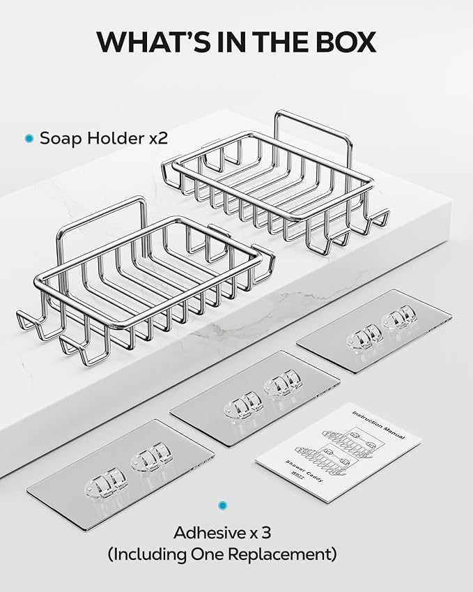 Nieifi Soap Dish,Bar Soap Holder for Shower Wall with 4 Hooks Stainless Steel Adhesive Soap Dish for Bathroom Shower Razor Holder (Silver)