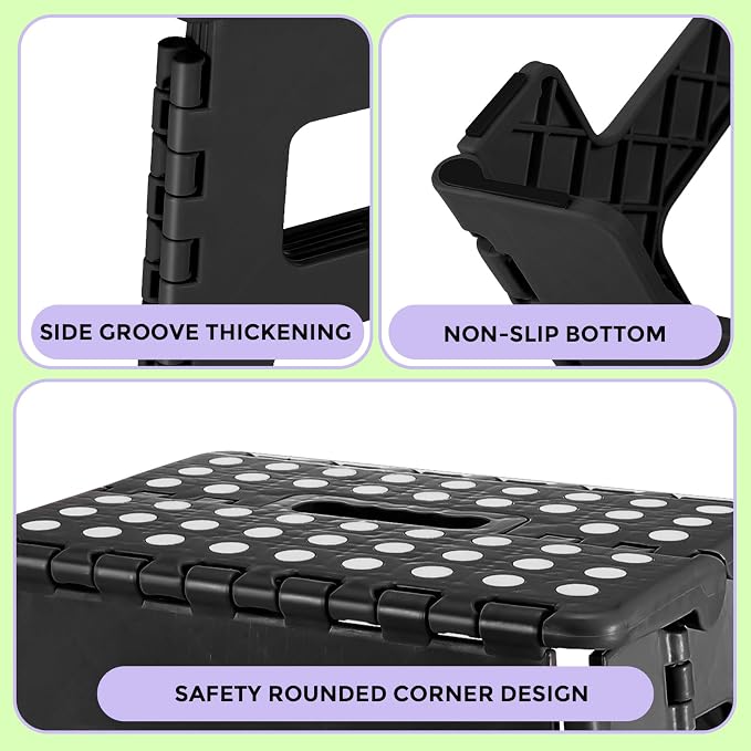 Dyforce 9 Inch Folding Step Stool for Kids and Adults, Collapsible Light-Weight Foot Stools Foldable for Toddler, Kitchen, Bathroom, 300 lb Capacity (Black)
