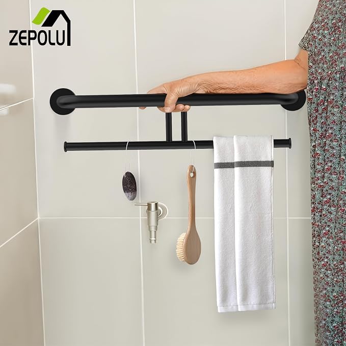 24 inch Black Grab Bar w/Double Roll Toilet Paper Holder, Zepolu 2-in-1 Safety Assist Bar Balanced Support Handle, Stainless Steel Wall Mounted Bathroom Toilet Grab Bar for Senior Elderly Handicap