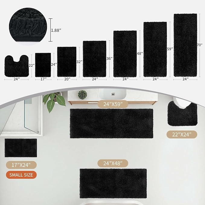 Disolla Black Bathrom Runner Rug 24x59 - Large Soft Plush Bath Mat, Thick Long Non-Slip Shaggy Floor Mat, Ultra-Absorbent for Master Bathroom Bedroom
