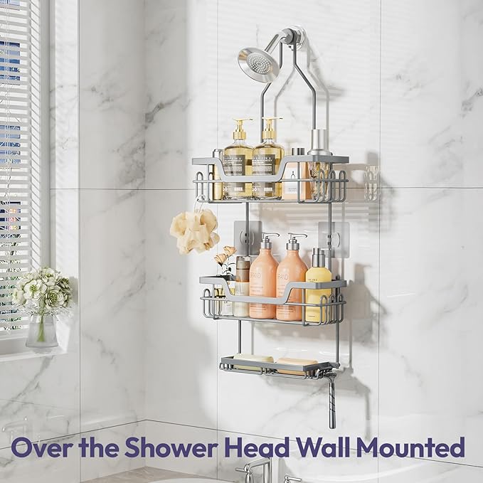 SWTYMIKI Bathroom Shower Caddy Hanging - 3 Tier Rustproof Over Shower Head Organizer, No Drilling Bathroom Shelf with 16 Hooks & Soap Holder, Anti-Swing Rack for Shampoo,Sponge,Towel, Silver, Large