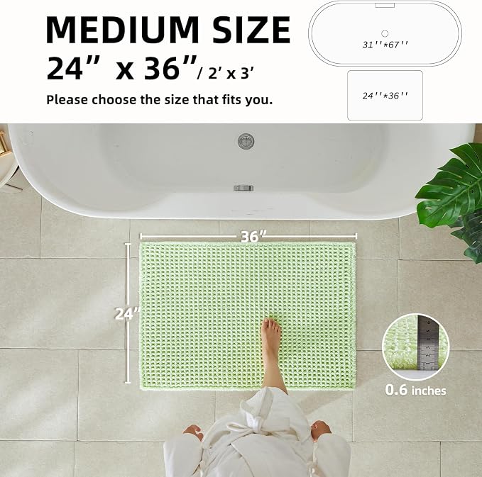 TYUU Waffle Bath Mat, Boho Bathroom Rugs Non Slip Washable Super Absorbent Quick Dry Cute Bath Mat Farmhouse Bathroom Decor, 36"x24" Pale Green