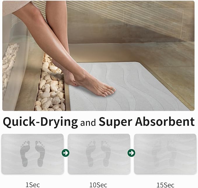 XMarrat Stone Bath Mat, 23.6'' x 15.4'' Super Absorbent Diatomaceous Earth Bath Mat Large, Quick Drying Non-Slip Diatomite Stone Bath Mats for Bathroom, Easy to Clean (Light Gray)