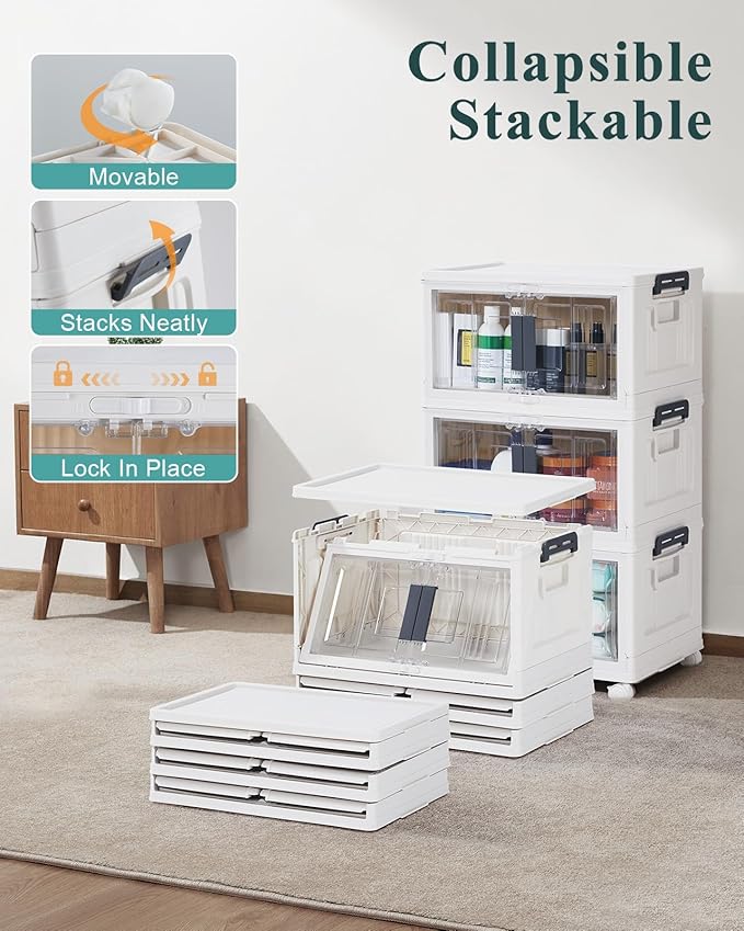 OlarHike 23QT Stackable Lockable Storage Bins with Lids - Folding Storage Box with Doors & Wheels, Collapsible Plastic Organizers for Closets, Dorm, School, Office, Drawers, Bathroom, Gifts, 3 Pack