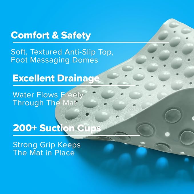 SlipX Solutions Power Grip Extra Long Bath Tub & Shower Mat 39x16, Wet Floor Non-Slip for Elderly & Kids Bathroom, 30% Longer Bathtub Mats, 200 Suction Cups, Drain Holes (1, Seafoam Green)