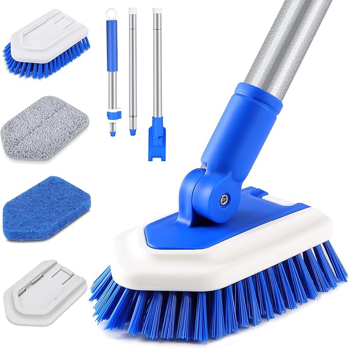 Lalafancy Shower Cleaning Brush with Locking Head, 3 in 1 Tub Tile Scrubber Brush with 50'' Extendable Long Handle Stiff Bristles Scouring Pads Microfiber for Cleaning Bathtub Shower Wall Bathroom