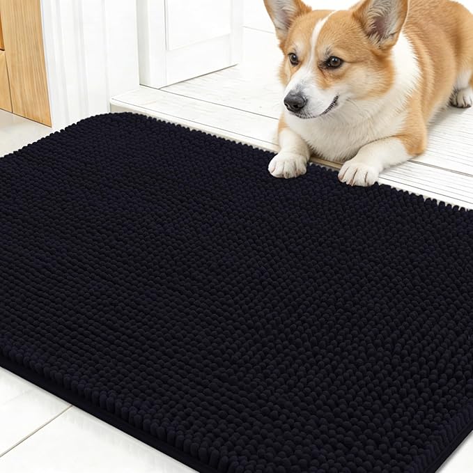 OLANLY Dog Door Mat for Muddy Paws 30x17, Absorbs Moisture and Dirt, Absorbent Non-Slip Washable Doormat, Quick Dry Chenille Mud Mat for Dogs, Entry Indoor Entryway Carpet for Inside Floor, Black