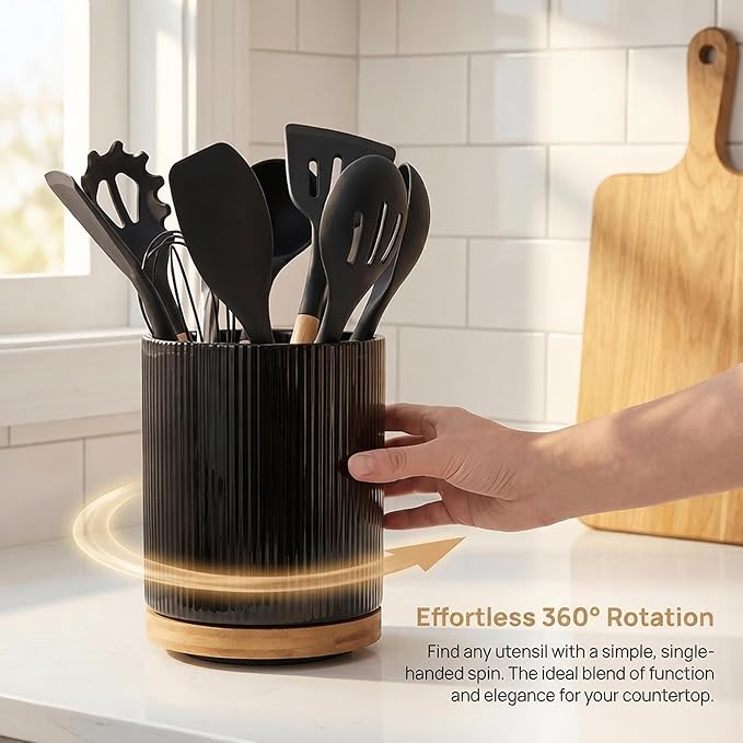 QUELIEN Utensil Holder, 360° Rotating Ceramic Kitchen Utensil Holder for Countertop, 7.7" Utensil Crock for Kitchen Counter with Rotatable Wooden Base,Ideal Housewarming Gift & Mothers Day Gift